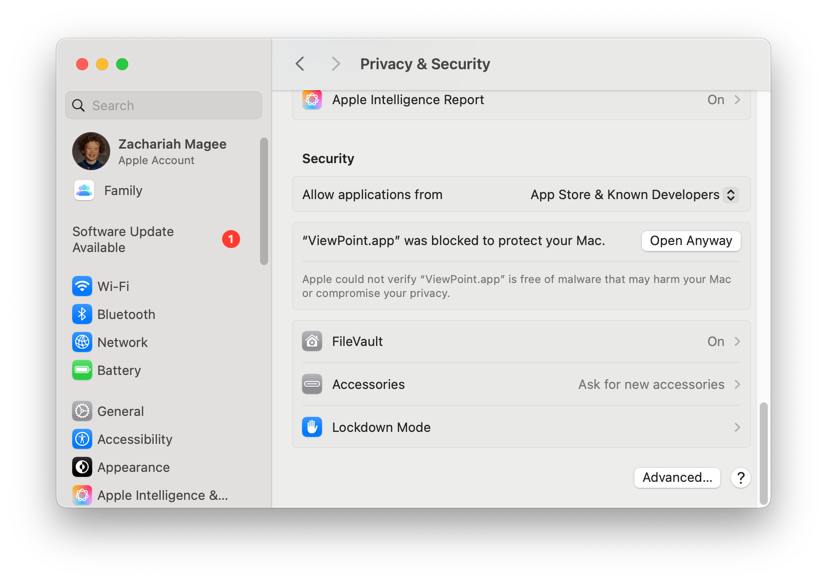 Privacy & Security pane with the Open Anyway button