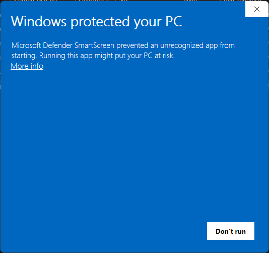 Defender SmartScreen blocking an unrecognized app, with the More info link