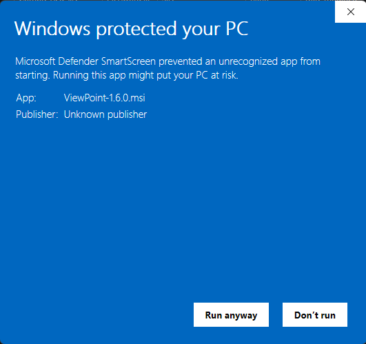 Defender SmartScreen expanded, showing the Run anyway button