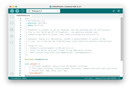 Arduino IDE with the HelloPlotter example open