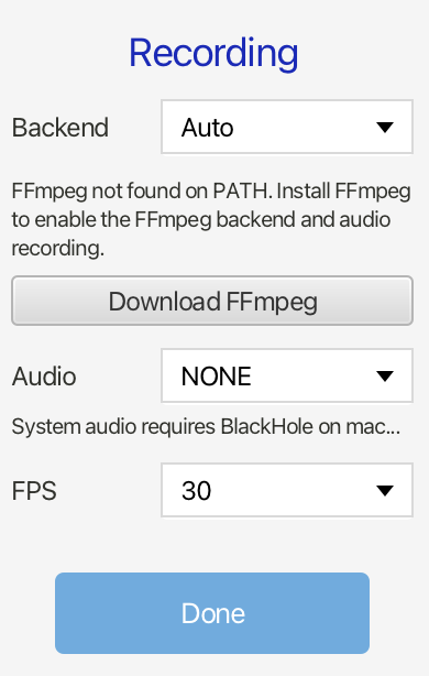 Recording backend when FFmpeg is missing
