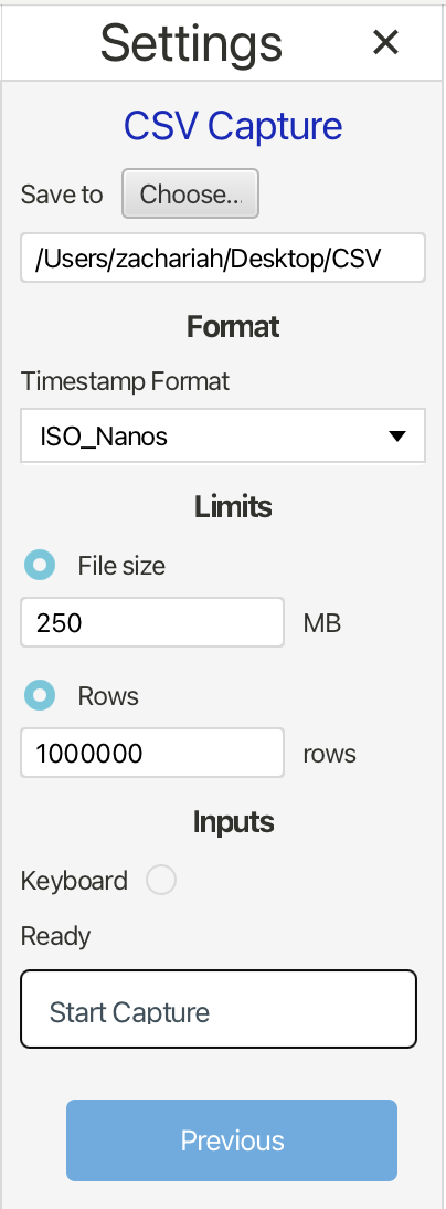CSV capture settings