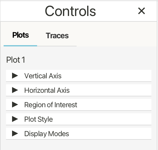 Controls panel, Plots tab with axis list